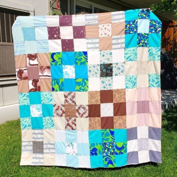 (💥3/$50) Vtg Nine Patch Quilt Square Lap Blanket Floral Fabric Patchwork - Picture 1 of 10
